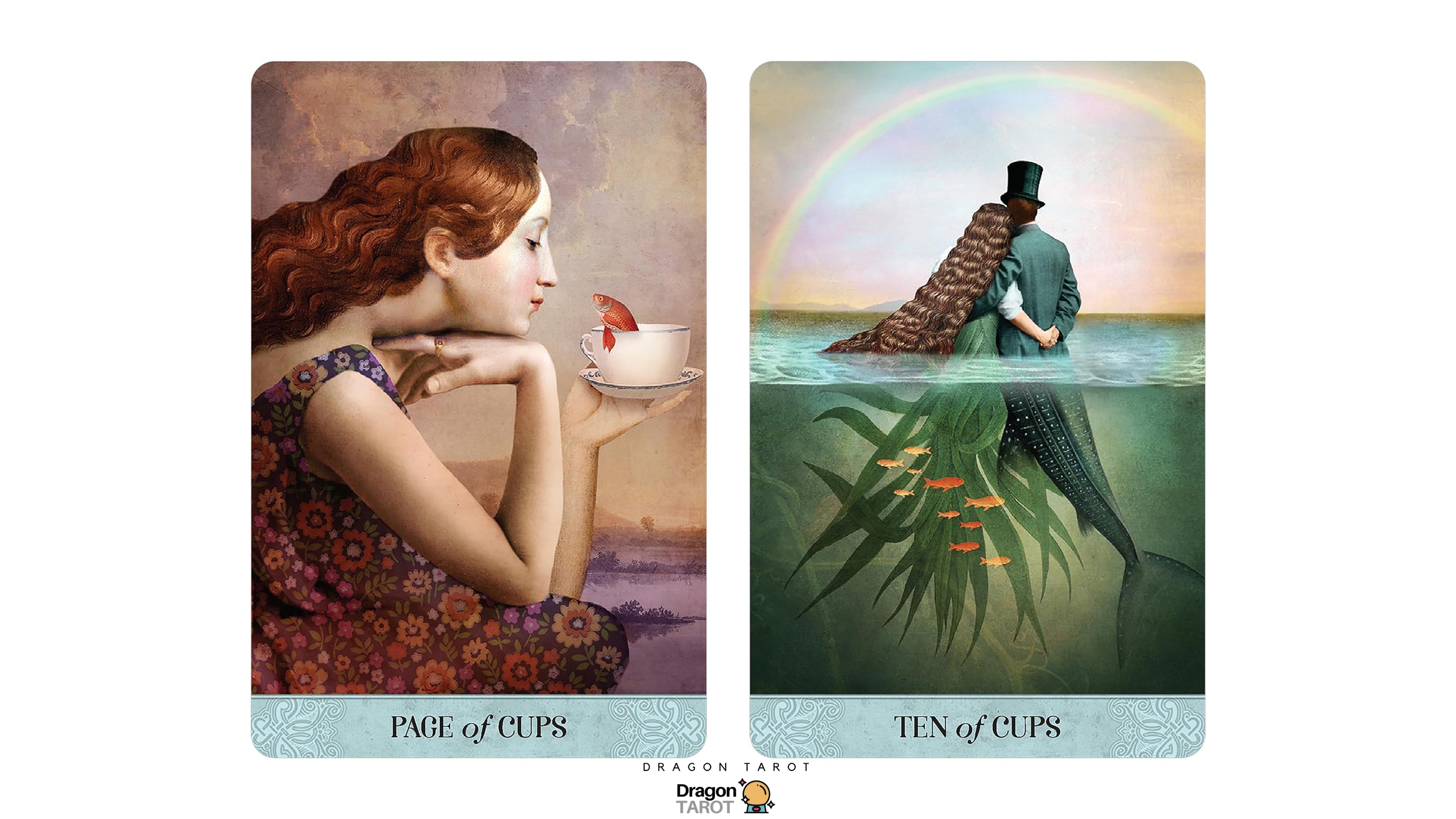 Two illustrated tarot-style cards shown side by side on a white background. The left card reads 'PAGE of Cups' and shows a woman in a floral dress holding a teacup.