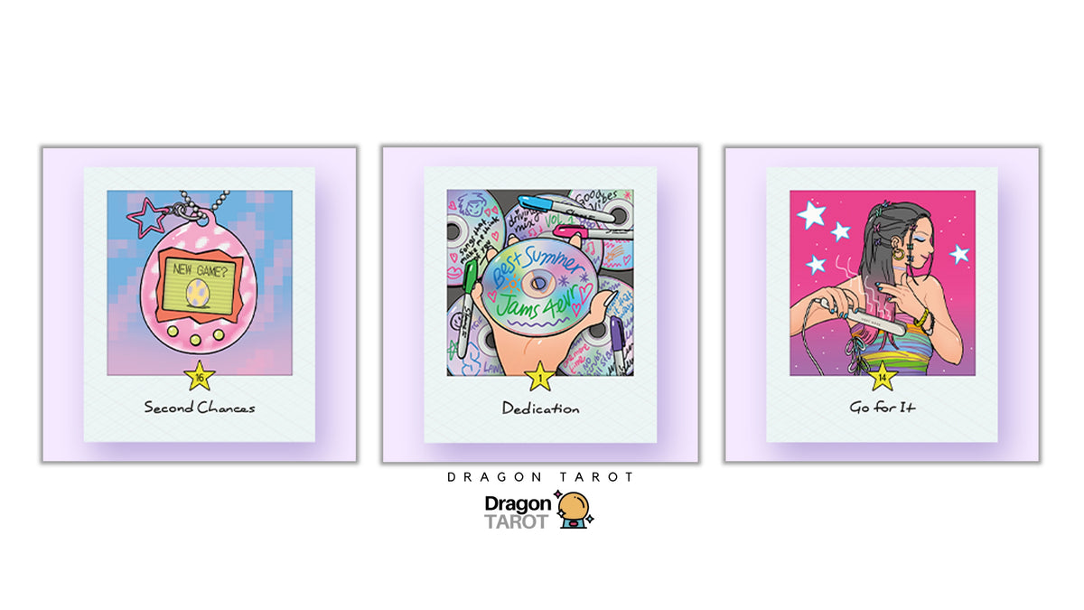 Three Dragon Tarot art prints displayed side-by-side on a white background with a logo at the bottom. The prints feature colorful illustrations labeled 'Second Chance', 'Destination', and 'Go For It' inside light purple borders.