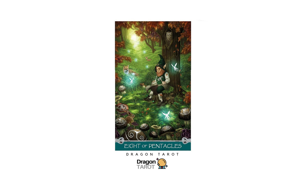 Dragon Tarot 'Eight of Pentacles' card illustration featuring a fairy-like figure in a mystical forest with glowing green light and magical symbols, presented on a white card with brand logos.