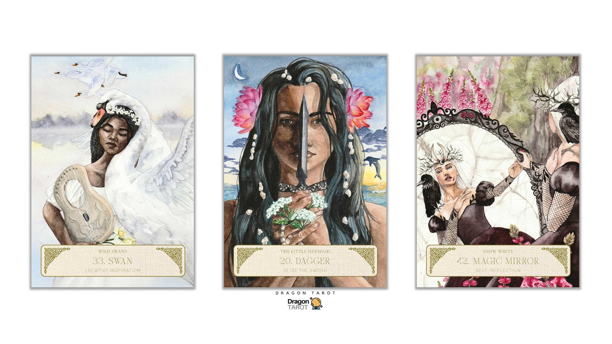 Three illustrated tarot-style cards displayed side by side on a white background. The left card is titled '33 Swan' and shows a woman in white with a swan motif.