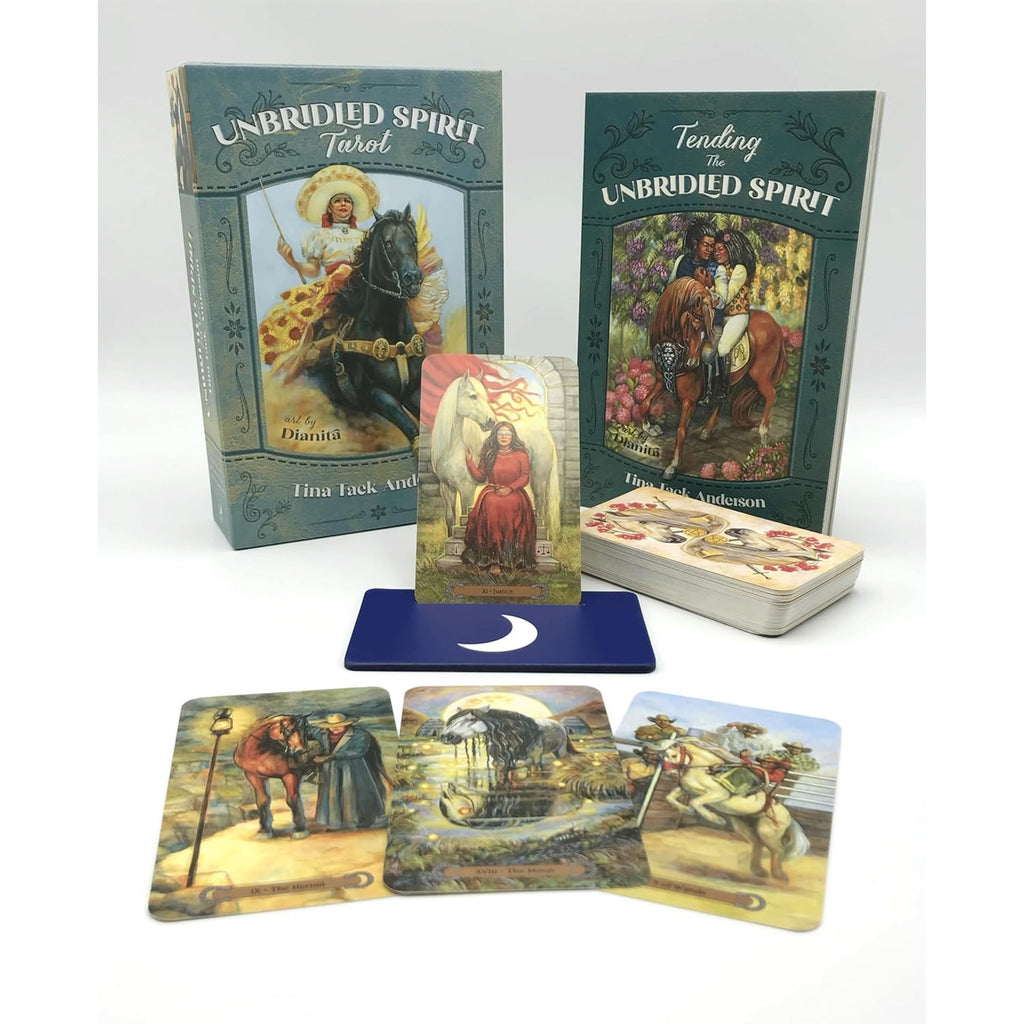 The 'Unbridled Spirit Journal' deck by Jane Lucas, showing the illustrated book cover, the deck box, a central card, a blue backing card, and several sample cards fanned out on a white background.