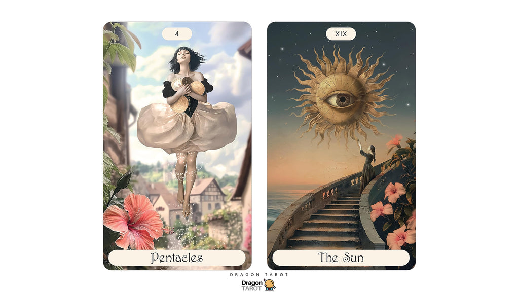 Two illustrated tarot cards shown side by side on a white background. The left card is labeled 'Pentacles' and depicts a woman floating above a village with flowers in the foreground.