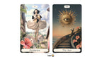 Two illustrated tarot cards shown side by side on a white background. The left card is labeled 'Pentacles' and depicts a woman floating above a village with flowers in the foreground.