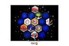 A digital graphic displaying a set of 'Dragon Tarot' cards arranged in a honeycomb pattern on a black background. The cards feature various dragon-themed illustrations, including a green tree, a red dragon, a silver ring, and a hand with a sword, surrounded by blue textured dice.