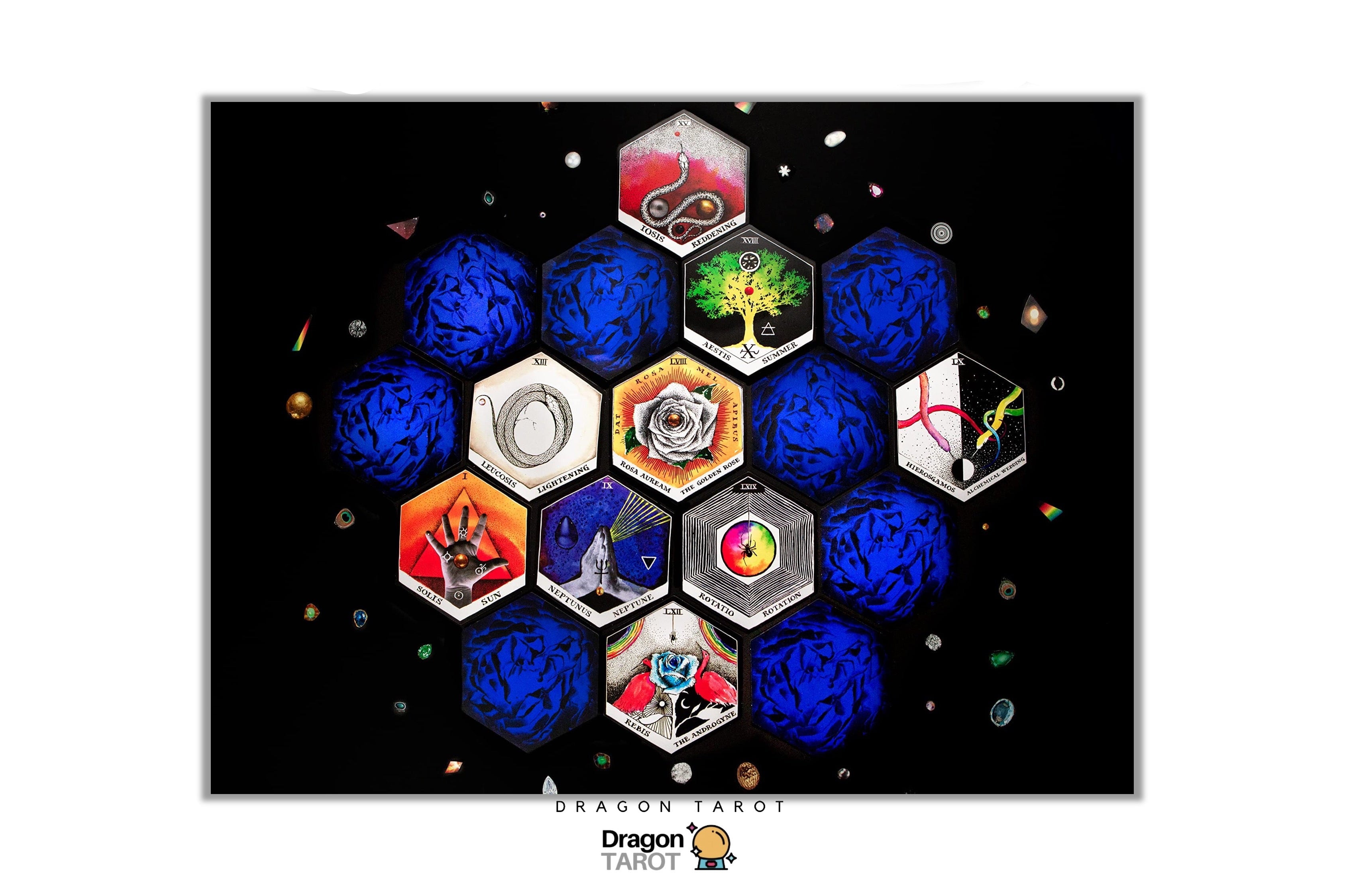 A digital graphic displaying a set of 'Dragon Tarot' cards arranged in a honeycomb pattern on a black background. The cards feature various dragon-themed illustrations, including a green tree, a red dragon, a silver ring, and a hand with a sword, surrounded by blue textured dice.