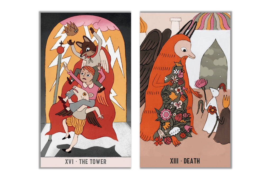 Two illustrated tarot-style cards shown side by side on a white background. The left card reads 'XVI - THE TOWER' and depicts a crowned wolf-like figure in red robes holding a child and a staff.