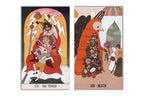 Two illustrated tarot-style cards shown side by side on a white background. The left card reads 'XVI - THE TOWER' and depicts a crowned wolf-like figure in red robes holding a child and a staff.