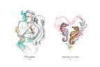 A tarot card illustration sheet showing two watercolor-style drawings on a white background: a left figure with an octopus combining with a sword, labeled 'Thoughts 16,' and a right heart-shaped pair of seahorses with the text 'Success in Love 15.' Dragon TAROT branding appears at the top.