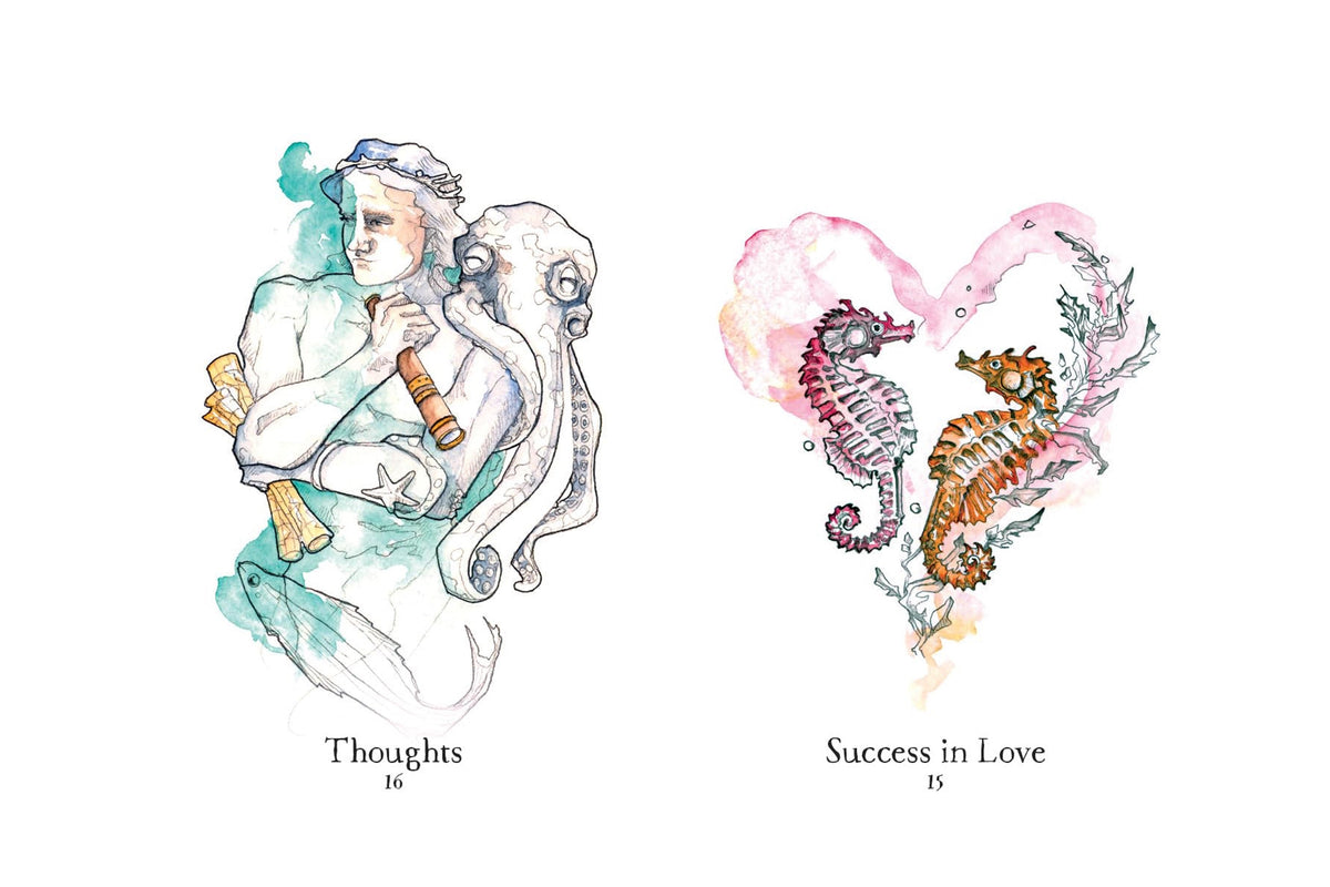 A tarot card illustration sheet showing two watercolor-style drawings on a white background: a left figure with an octopus combining with a sword, labeled 'Thoughts 16,' and a right heart-shaped pair of seahorses with the text 'Success in Love 15.' Dragon TAROT branding appears at the top.