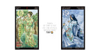 Two Dragon Tarot cards displayed side by side on a white background, with a central text panel reading '100% Authentic Guarantee' and 'Dragon Tarot'. The left card is 'Princess of Swords' (Chun Yin) in green tones, and the right card is 'Queen of Swords' (Zhinamon Kuqiong) in blue tones.