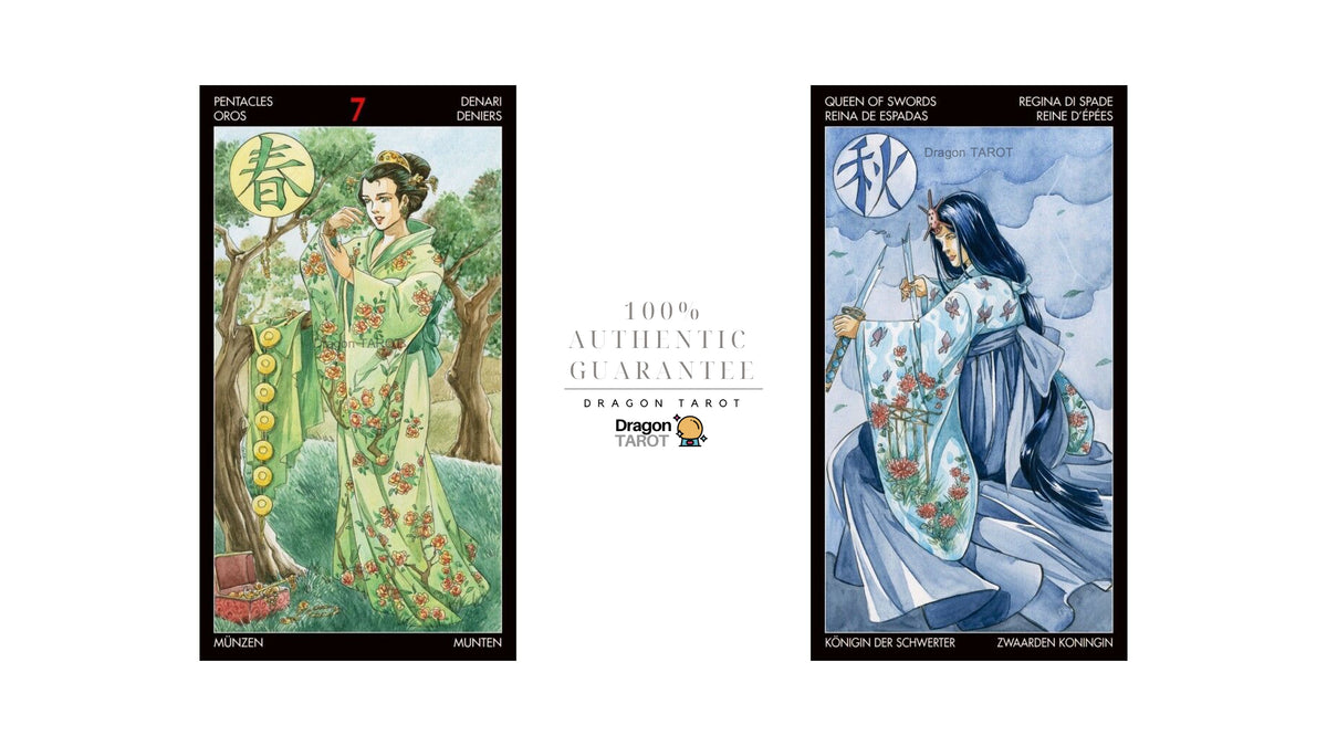 Two Dragon Tarot cards displayed side by side on a white background, with a central text panel reading '100% Authentic Guarantee' and 'Dragon Tarot'. The left card is 'Princess of Swords' (Chun Yin) in green tones, and the right card is 'Queen of Swords' (Zhinamon Kuqiong) in blue tones.