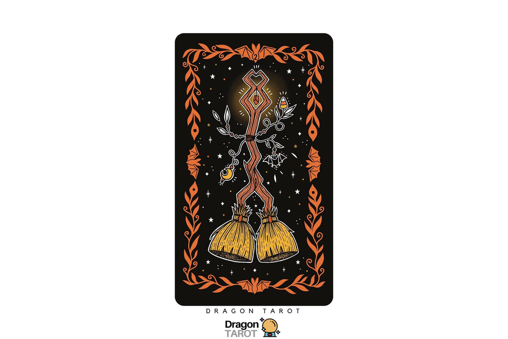 A tarot card design centered on a white background, featuring a black card face with an orange decorative border, a glowing vertical symbol, and two yellow dragon-like creatures at the bottom. The text 'DRAGON TAROT' appears below the card, with a small Dragon Tarot logo underneath.