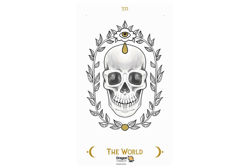 A tarot card illustration titled 'THE WORLD' featuring a detailed black and white skull framed by a laurel wreath, with gold accents including a central teardrop, circular medallion, and text. The Dragon Fantasy brand logo is visible at the bottom.