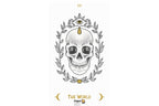 A tarot card illustration titled 'THE WORLD' featuring a detailed black and white skull framed by a laurel wreath, with gold accents including a central teardrop, circular medallion, and text. The Dragon Fantasy brand logo is visible at the bottom.