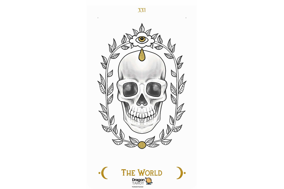 A tarot card illustration titled 'THE WORLD' featuring a detailed black and white skull framed by a laurel wreath, with gold accents including a central teardrop, circular medallion, and text. The Dragon Fantasy brand logo is visible at the bottom.