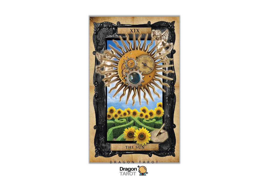 A tarot card art print titled 'The Sun' featuring a vintage sun illustration with gears and a clock, above a field of sunflowers, framed by an ornate dark border. The print is centered on a white background with the 'Dragon Tarot' brand logo at the bottom.