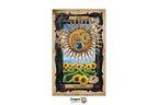 A tarot card art print titled 'The Sun' featuring a vintage sun illustration with gears and a clock, above a field of sunflowers, framed by an ornate dark border. The print is centered on a white background with the 'Dragon Tarot' brand logo at the bottom.