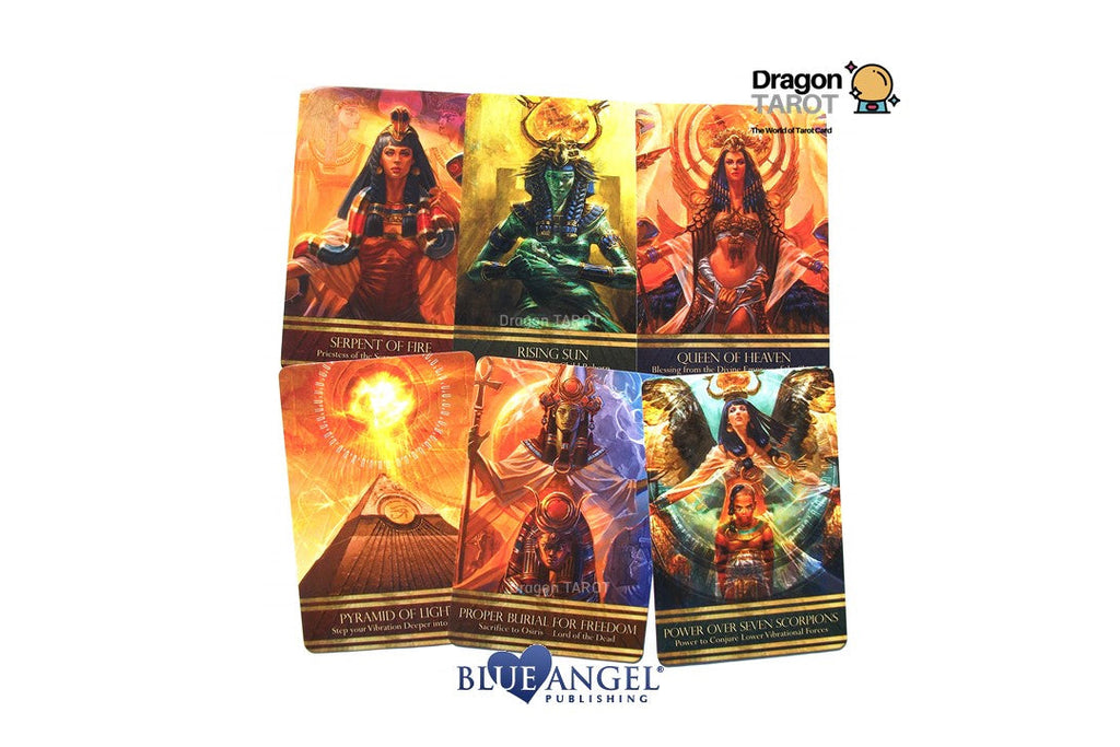 Six Dragon Tarot cards displayed in a 2x3 grid on a white background, featuring colorful fantasy illustrations with the Blue Angel Publishing logo at the bottom.