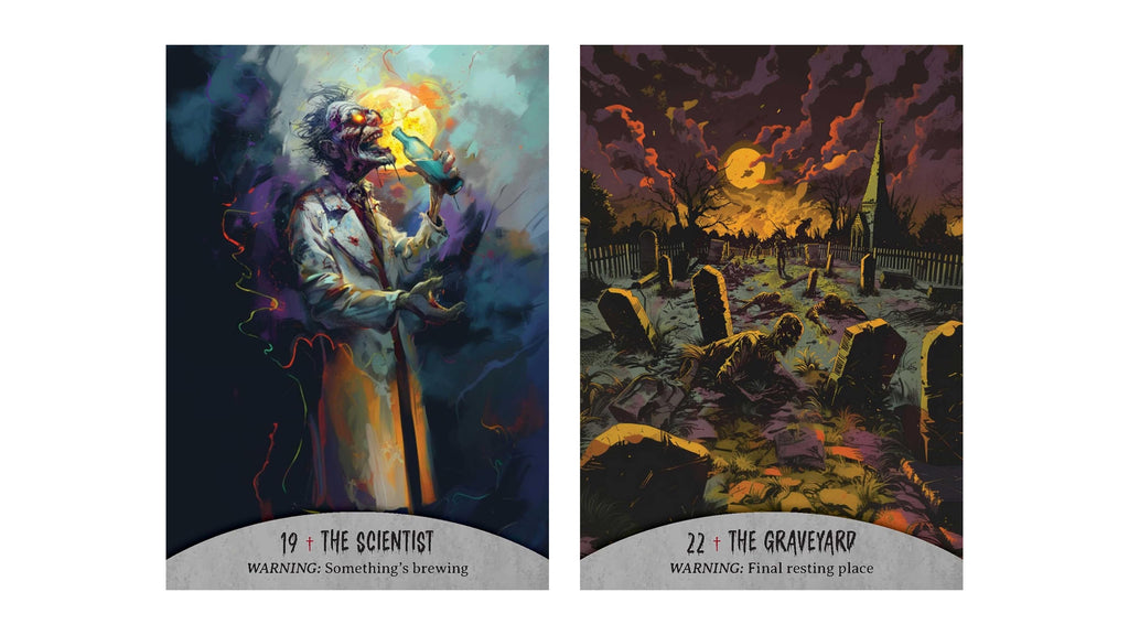 Two illustrated tarot-style cards shown side by side on a white background. The left card reads '19 + THE SCIENTIST' with a dark, dramatic portrait of a man holding a glowing object.