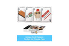 Dragon Tarot card deck packaging and four sample playing cards shown on a white background with promotional text. The cards feature humorous cartoon illustrations including a chair, a green drink, a chicken in sunglasses, and a red 'HELLO' ticket.