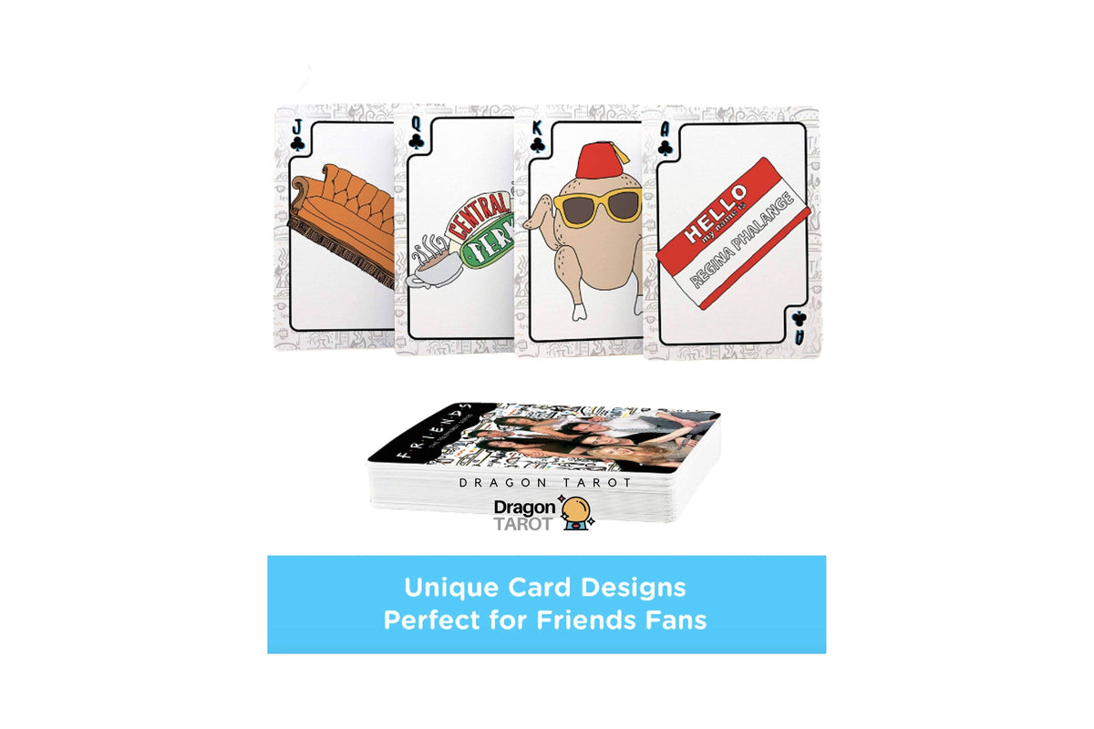 Dragon Tarot card deck packaging and four sample playing cards shown on a white background with promotional text. The cards feature humorous cartoon illustrations including a chair, a green drink, a chicken in sunglasses, and a red 'HELLO' ticket.