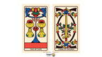 Two tarot cards shown side by side on a light beige background: the left card reads 'TWO OF CUPS' with two yellow cups, blue birds, and a red flower; the right card reads 'THREE OF SWORDS' with a gold sword, green leaves, and red accents. The Dragon Tarot logo appears below.