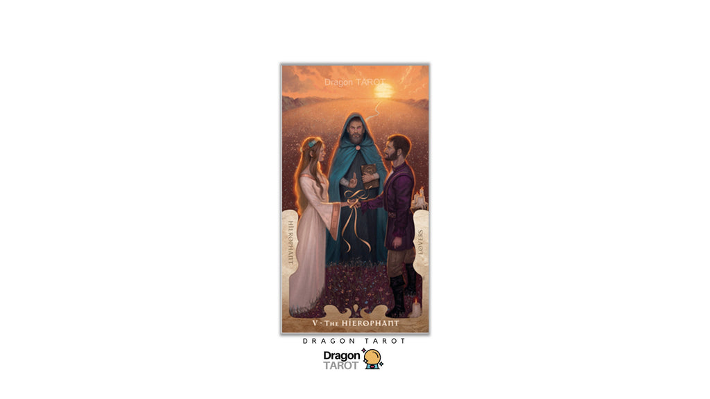 Dragon Tarot card titled 'V-Tal Hierophant' featuring an illustration of three figures in ancient attire under a glowing sunset sky, with the Dragon Tarot logo at the bottom.