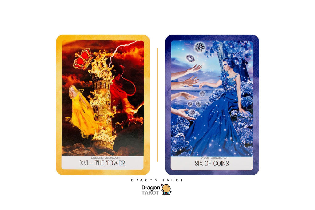 Two tarot cards displayed side by side on a white background, labeled 'XIV - THE TOWER' on the left with a gold border and fiery red/orange artwork, and 'SIX OF COINS' on the right with a blue border and blue-toned artwork. A small 'Dragon Tarot' logo appears below.