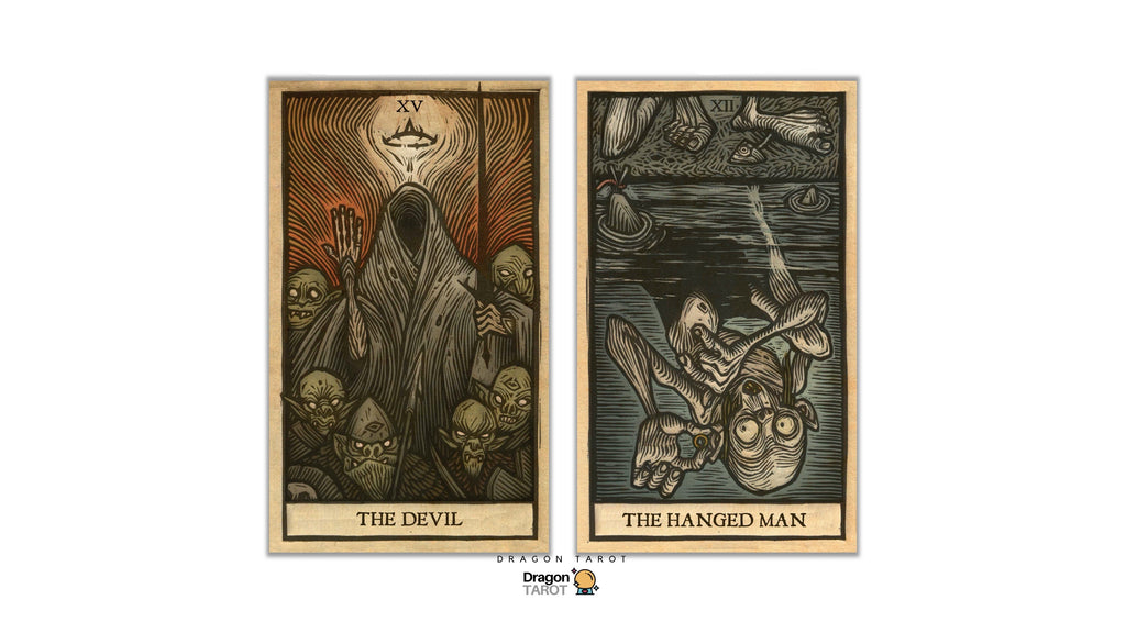 Two illustrated tarot card designs shown side by side on a white background: 'The Devil' on the left with a hooded figure and surrounding skulls, and 'The Hanged Man' on the right with a hanging skeleton-like figure. The cards have a vintage parchment look with black and muted orange-brown linework.