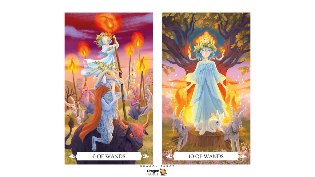 Two illustrated tarot-style cards shown side by side on a white background. The left card reads "6 OF WANDS" and shows a woman riding a blue horse with flaming wands against a purple sky.