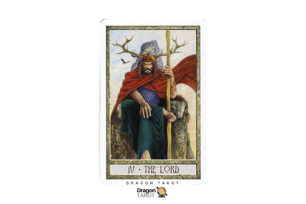 A Dragon Tarot card titled 'IV - THE LORD' is centered on a white background. The card features an illustration of a seated figure with antlers, a red cloak, and a staff, with a small dragon at his side.