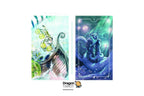 Two illustrated tarot card designs shown side by side on a white background, with Thai text above and a Dragon Tarot logo below. The left card features a Viking ship with gold coins and a green dragon motif; the right card features a blue mermaid-like figure with a serpent-like tail in a glowing teal underwater scene.