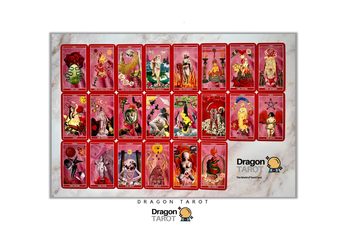 A Dragon Tarot card deck displayed in a grid of 20 red-bordered cards on a white marble-textured background, with the Dragon Tarot logo visible multiple times.