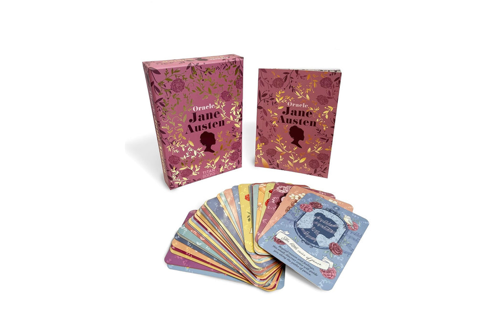 Dragon Tarot Jane Austen deck shown with two pink illustrated boxes standing upright and a fan of tarot cards in front on a white background, with Dragon TAROT branding and a Facebook icon at the top.