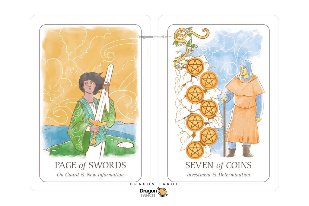 Two tarot cards displayed side by side on a white background: 'Page of Swords' on the left with a yellow-orange background and a figure in green holding a sword, and 'Seven of Coins' on the right with a blue background and gold coins. A Dragon Tarot logo is visible at the bottom.