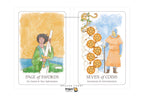 Two tarot cards displayed side by side on a white background: 'Page of Swords' on the left with a yellow-orange background and a figure in green holding a sword, and 'Seven of Coins' on the right with a blue background and gold coins. A Dragon Tarot logo is visible at the bottom.
