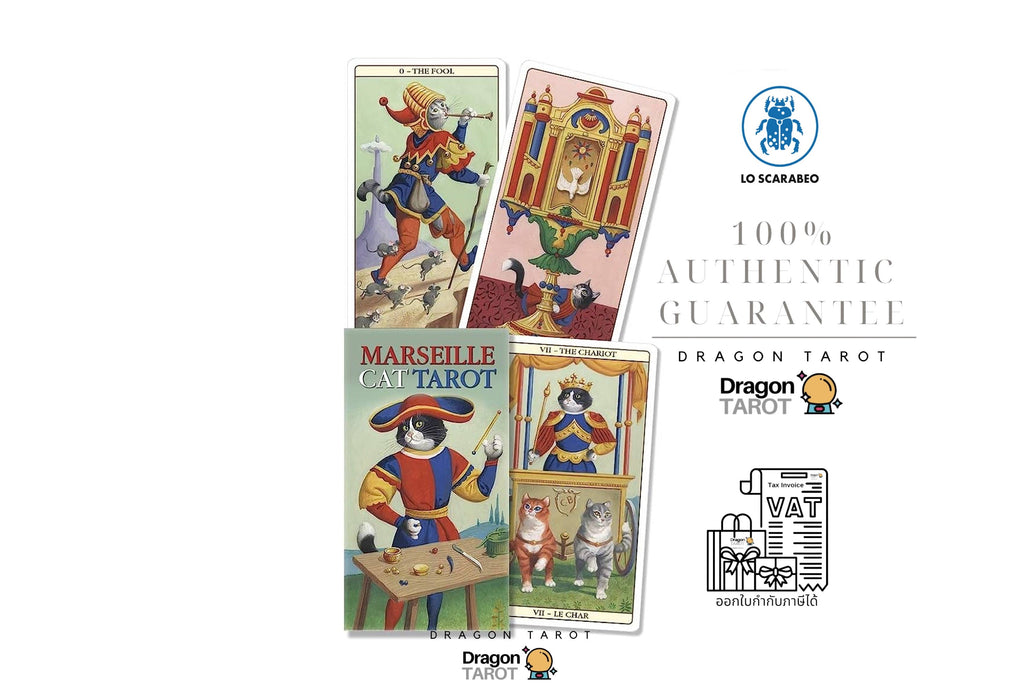 Four illustrated tarot cards from Dragon Tarot arranged on a white background with several brand and guarantee logos and text, including '100% AUTHENTIC GUARANTEE' and 'Dragon Tarot'.