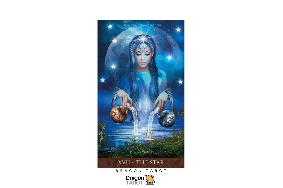 Dragon Tarot card 'XVII - The Star' featuring an illustration of a woman under a full moon holding a gold and silver orb, with the text 'DRAGON TAROT' and card number at the bottom.