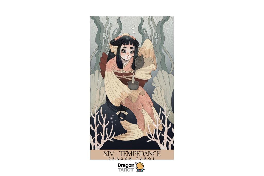 A vertical tarot card illustration labeled 'XIV - TEMPERANCE' with the Dragon Tarot logo below. The artwork shows a seated woman in a flowing cream and rust dress against a muted gray-green background with stylized foliage and coral-like forms.