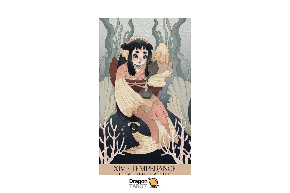 A vertical tarot card illustration labeled 'XIV - TEMPERANCE' with the Dragon Tarot logo below. The artwork shows a seated woman in a flowing cream and rust dress against a muted gray-green background with stylized foliage and coral-like forms.