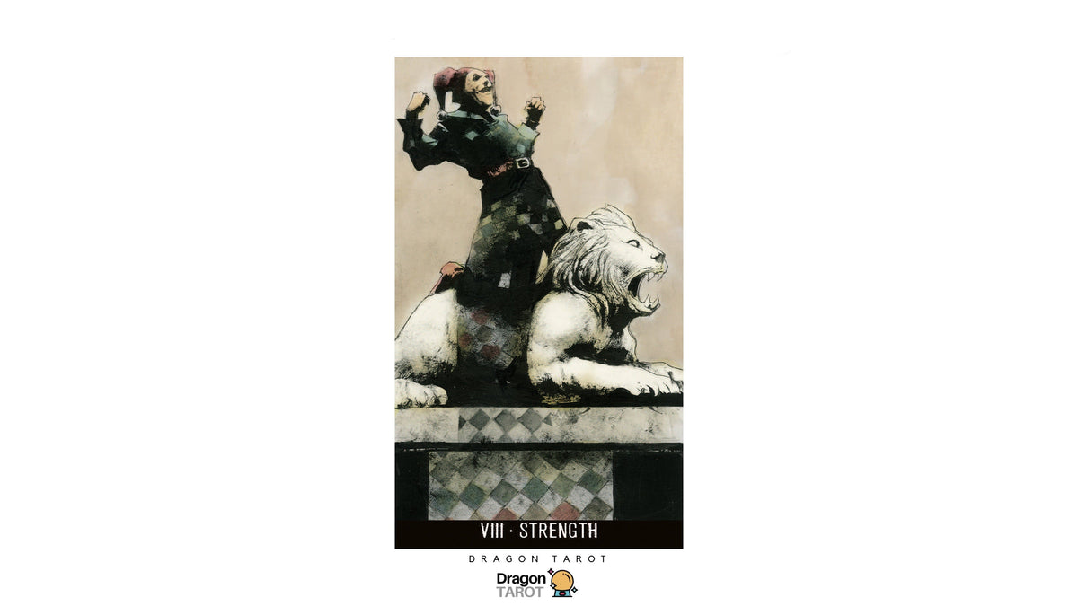 Dragon Tarot VIII - Strength card featuring an illustration of a lion and a figure in armor, with Thai text and Dragon Tarot branding.