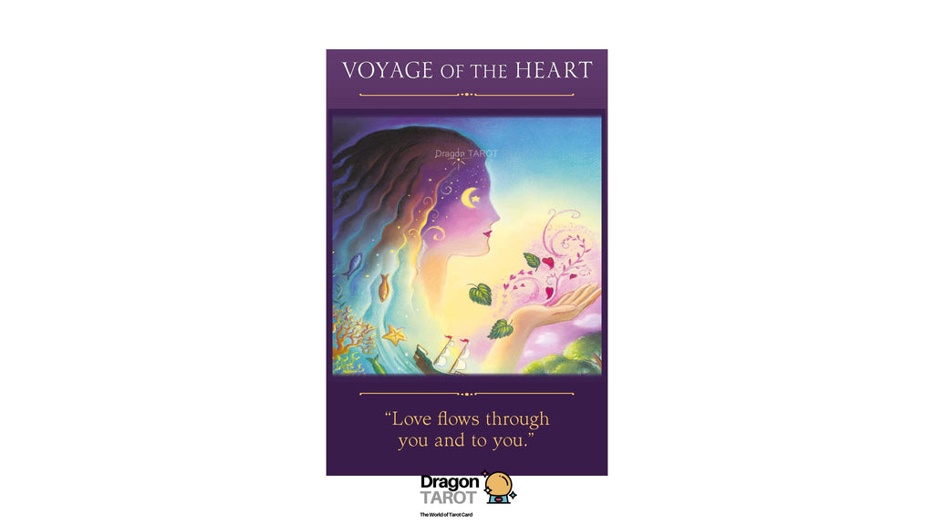 A tarot card titled 'VOYAGE OF THE HEART' from the Dragon Tarot deck, featuring a purple border and an illustration of a woman's profile with a crescent moon and a pink flower. The card is centered on a white background with the Dragon Tarot logo at the bottom.