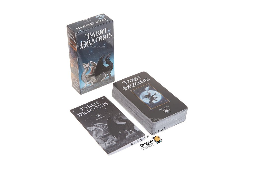 Tigris Tarot Dragons deck shown with its illustrated box, a deck of cards, and an individual card on a plain white background. The packaging features dark blue and black tones with white text and dragon artwork.