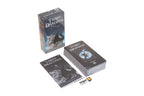 Tigris Tarot Dragons deck shown with its illustrated box, a deck of cards, and an individual card on a plain white background. The packaging features dark blue and black tones with white text and dragon artwork.