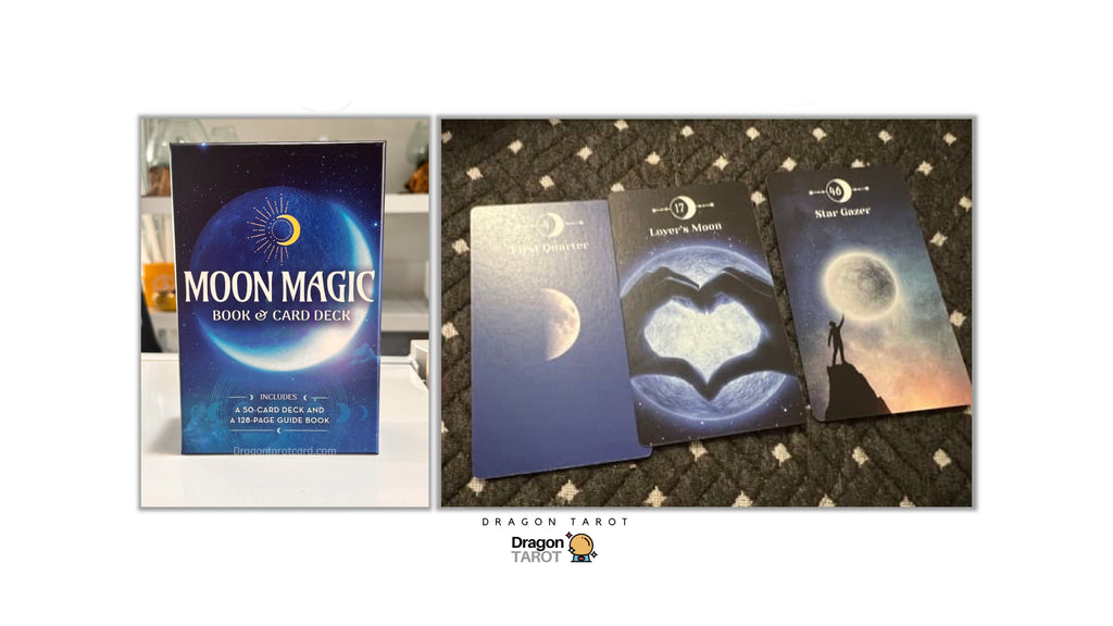 Dragon Tarot Moon Magic Book and Card Deck shown in two views: a single book standing upright on a white surface, and three tarot cards laid out on a dark patterned fabric. The cards and cover art feature blue, gray, and moon imagery.