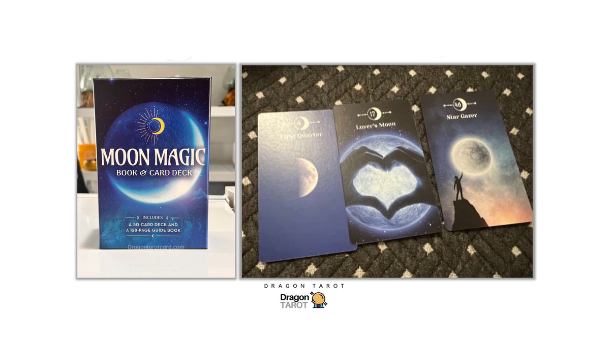 Dragon Tarot Moon Magic Book and Card Deck shown in two views: a single book standing upright on a white surface, and three tarot cards laid out on a dark patterned fabric. The cards and cover art feature blue, gray, and moon imagery.