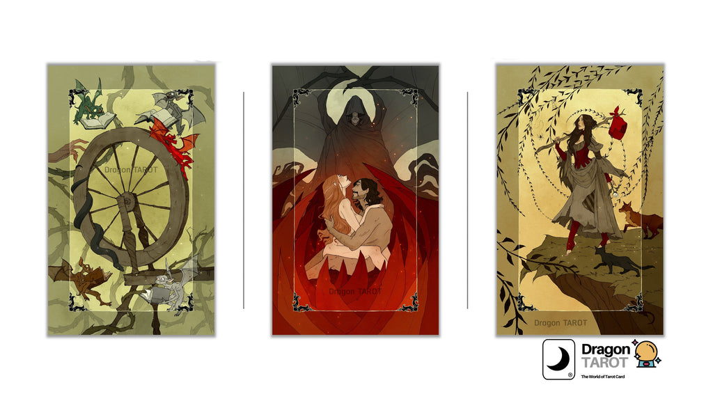 Three Dragon Tarot card illustrations displayed side by side on a white background, with the Dragon Tarot logo and a Facebook icon at the top.