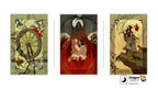 Three Dragon Tarot card illustrations displayed side by side on a white background, with the Dragon Tarot logo and a Facebook icon at the top.