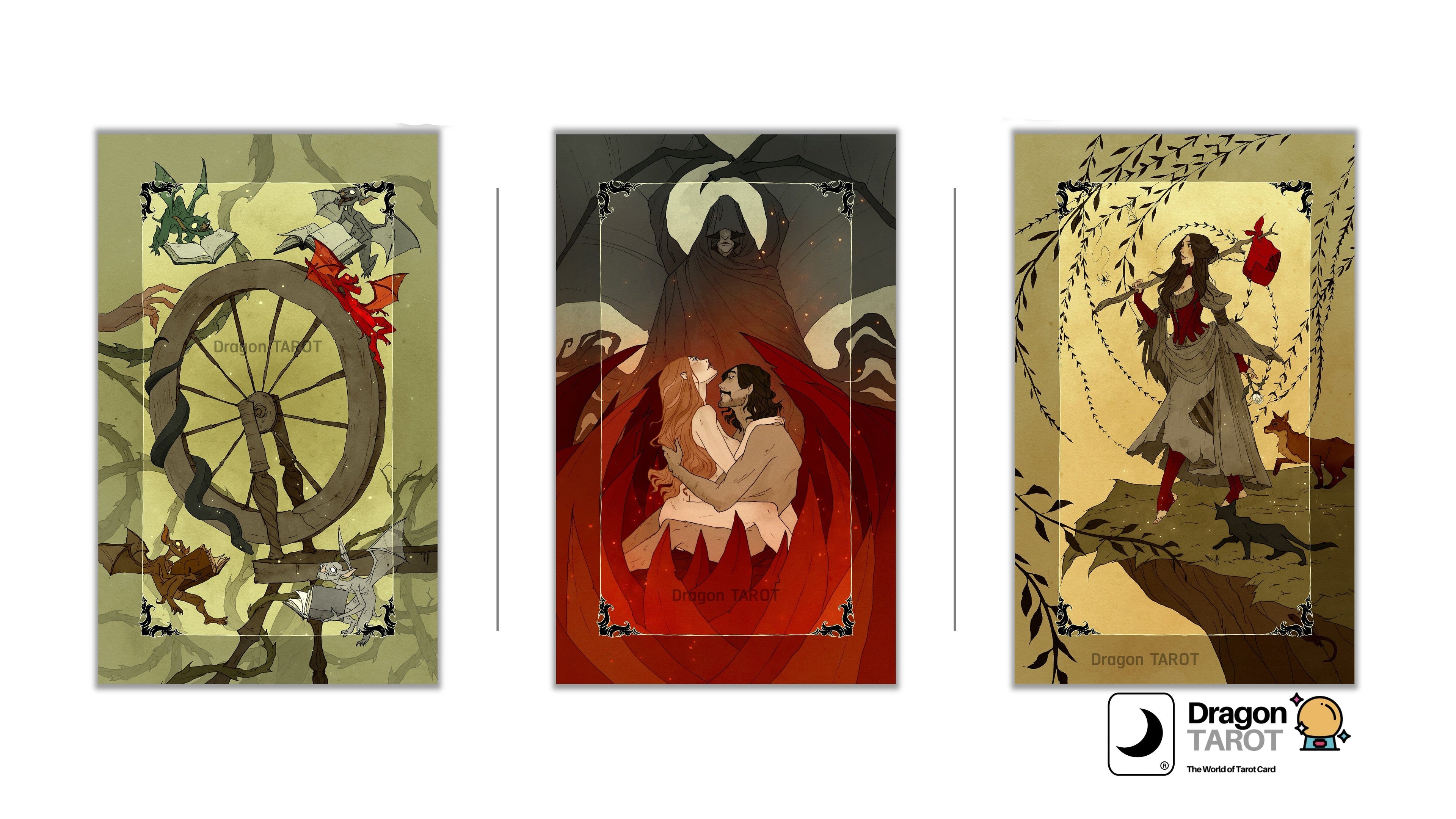 Three Dragon Tarot card illustrations displayed side by side on a white background, with the Dragon Tarot logo and a Facebook icon at the top.