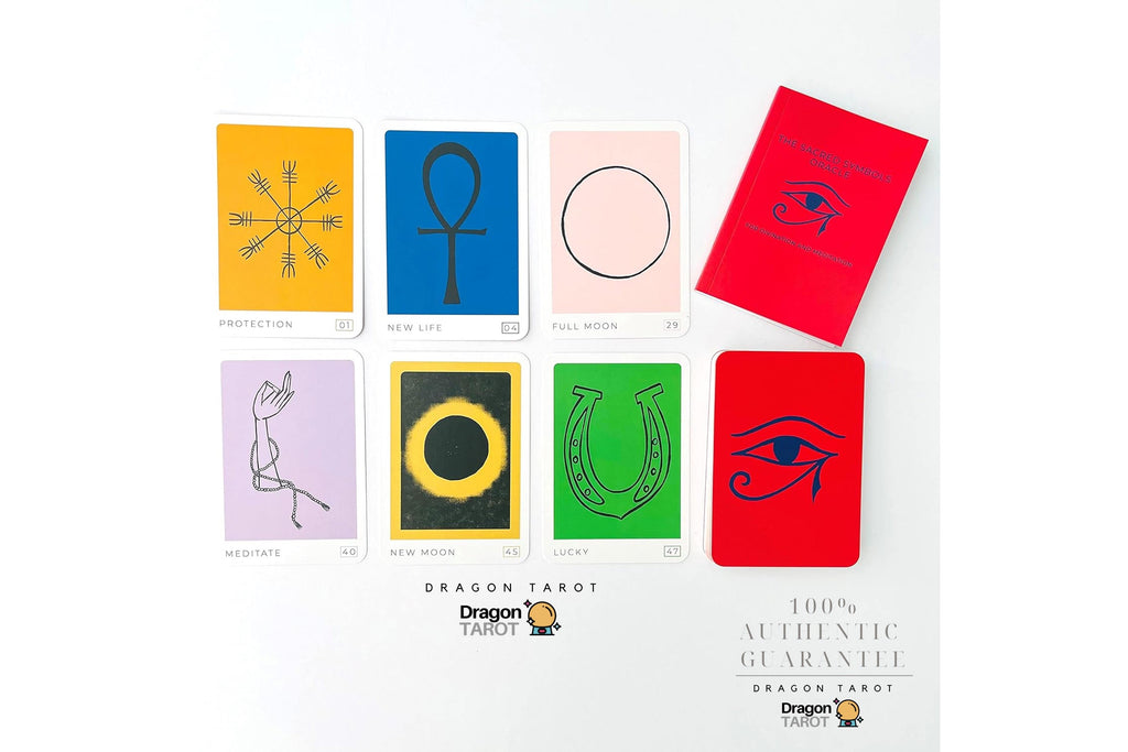 A set of Dragon Tarot cards arranged on a white background, including six illustrated cards in yellow, blue, pink, purple, black, and green, two red cards with black symbols, and printed branding text below.